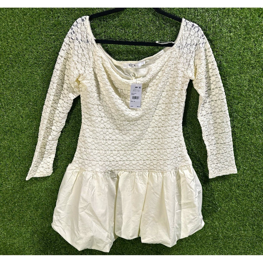 ASTR The Label Women's Cream Floral Lace Scoop Neck 3/4 Sleeve Mini Dress XL